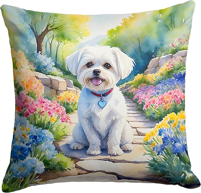 Caroline's Treasures Maltese Spring Path Throw Pillow Machine Washable, Indoor Outdoor Decorative Pillow for Couch, Bed or Patio, 18Hx18W