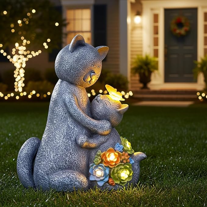 Candieslife Solar Garden Statues Loving Cat Figurine Lights for Outside, Yard Decorations Outdoor, Garden Decor Unique Mothers Day Birthday Housewarming Gifts for Mom, Women, Lover