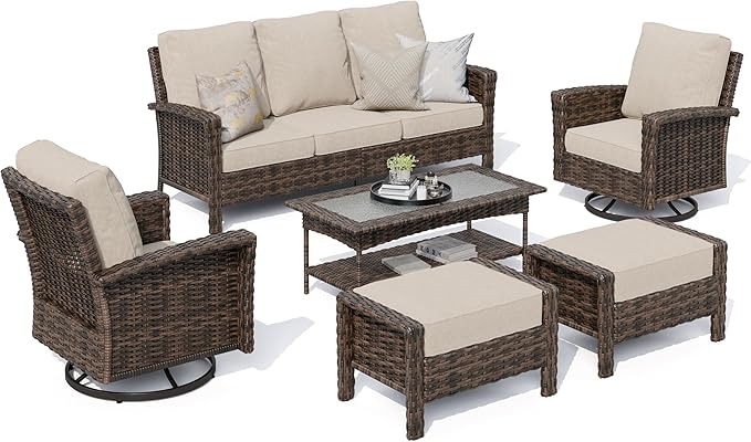 HERA'S HOUSE Patio Furniture Set with 35" High Back Swivel Chairs, Outdoor Wicker Conversation Sofa Sets, 5.5" Thick Cushions for Deck Lawn Poolside Backyard, Beige