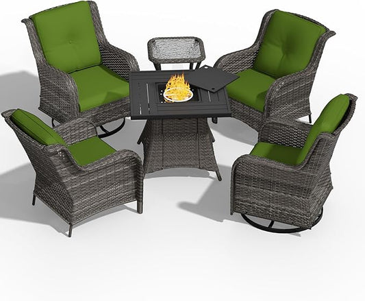 6 Pcs Patio Furniture Set with Fire Table-31'' Fire Pit Table, 1 Side Table, 4 Outdoor Rattan Wicker Conversation Chairs (2 Fixed & 2 Swivel) （Green）