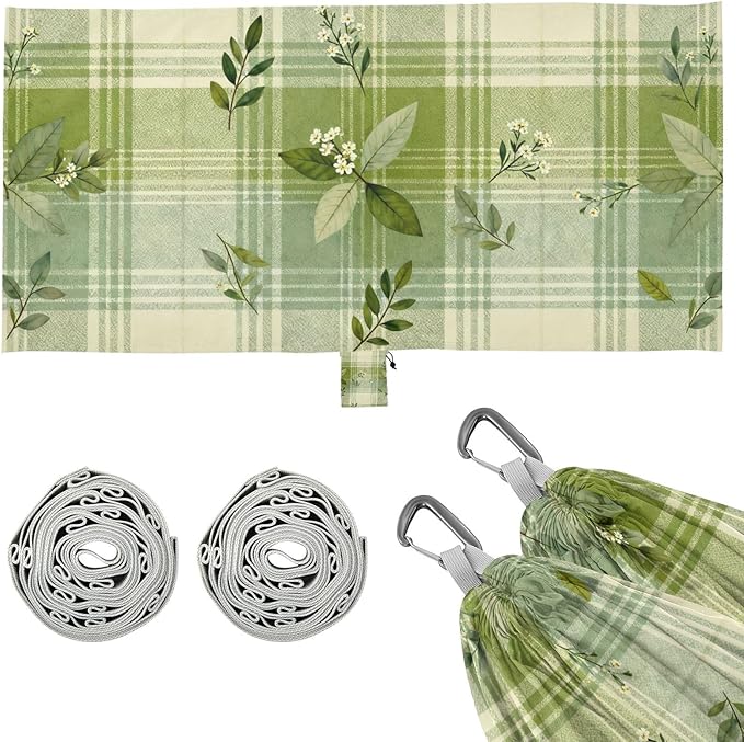 Green Plaid and Foliage Hammocks for Camping with Portabl Carry Bag Hanging Hammock Outside Beach Patio Garden