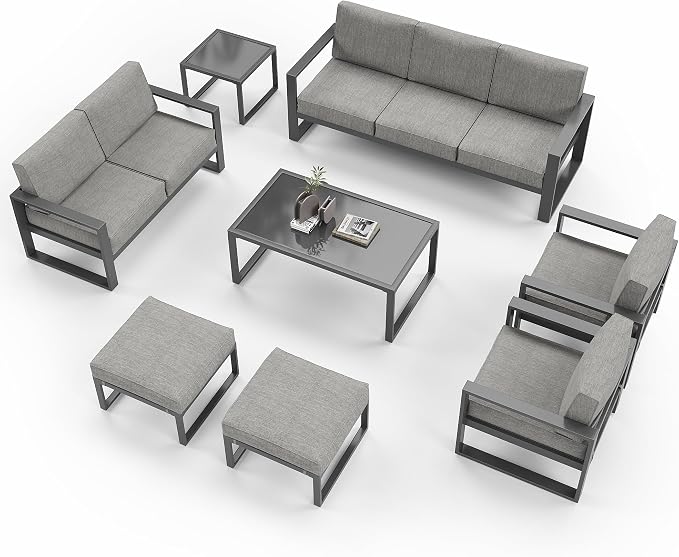 Green4ever Aluminum Patio Furniture Set, 8 Pieces Modern Outdoor Conversation Set All-Weather Metal Sectional Couch Sofa Upgraded Foam-Filled Cushions with Ottoman and Coffee Table (Grey)