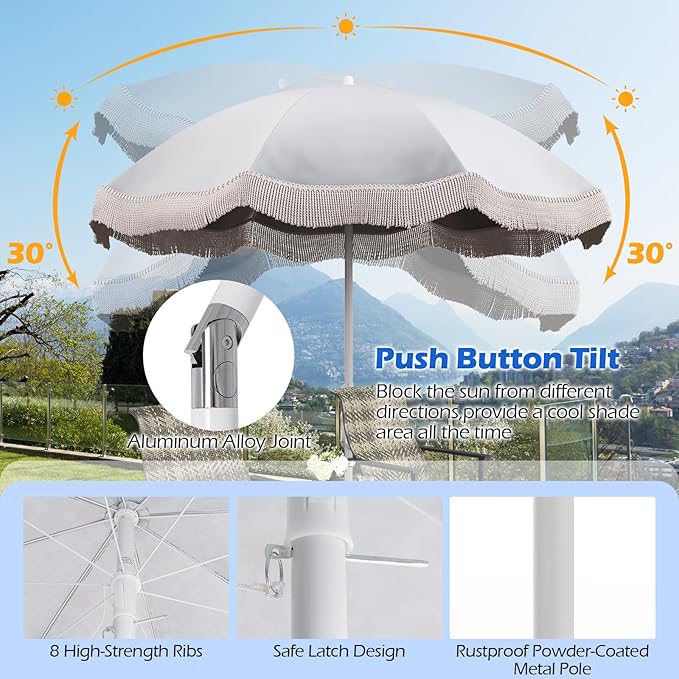 6.5 FT Outdoor Fringe Umbrella, UV 50+ Protection Boho Umbrella with Sand Anchor, Tilt Sun Shelter& 8 Ribs, Portable Beach Umbrella with Carry Bag, Vintage Patio Umbrella for Deck Poolside