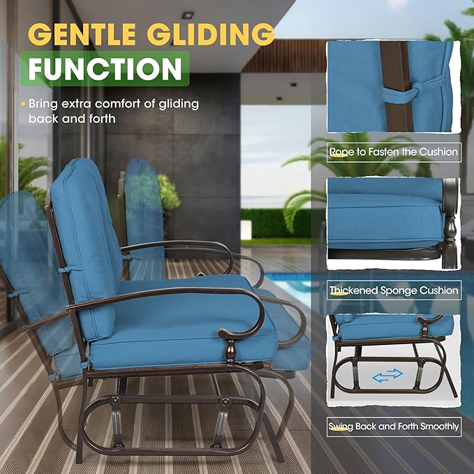 Incbruce 5 Pcs(6 Seats) Outdoor Metal Furniture Sets Wrought Iron Patio Conversation Sets, (Glider, 2 Single Chairs, Loveseat, and Coffee Table) with Cushion (Peacock Blue)