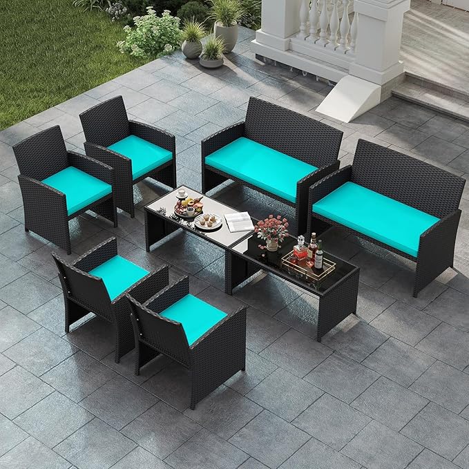 Tangkula 8 Pieces Patio Wicker Furniture Set, Outdoor Heavy Duty Rattan Cushioned Chairs, Loveseat and Tempered Glass Coffee Table, for Backyard, Balcony, Poolside (Turquoised,2)