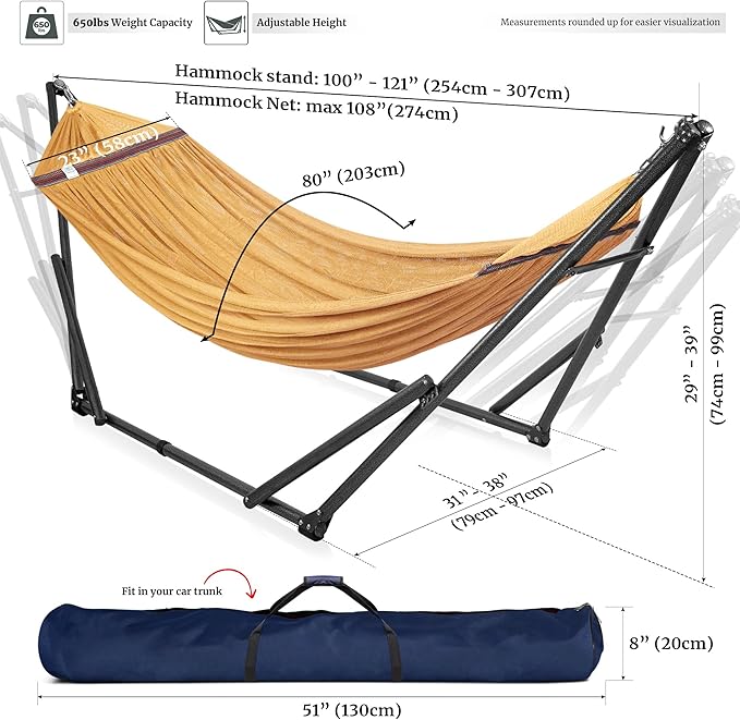 Tranquillo Universal Double Hammock with Stand Included for 2 Persons 600 lbs Capacity Portable Foldable with Case - Indoor, Outdoor, Camping, Yellow