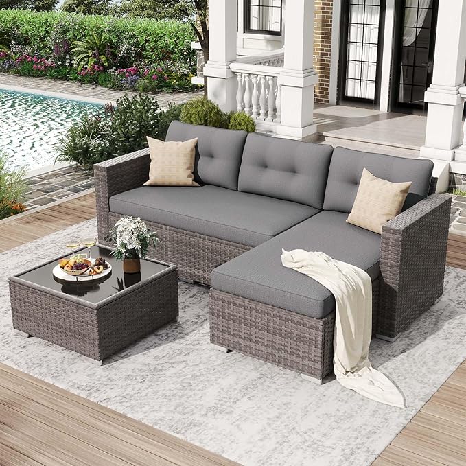 JOIVI 3-Piece Patio Furniture Set, Outdoor Wicker Rattan Sectional Sofa & Patio Couch with Cushions, Tempered Glass Coffee Table, All-Weather Sectional Set for Outdoor Patio, Gray