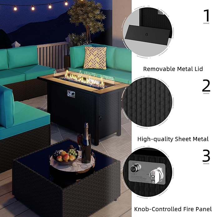 JAMFLY 8 Piece Outdoor Patio Furniture Set with Propane Fire Pit Table, All-Weather PE Wicker Rattan Sectional Sofa Set with Thick Cushions for Backyard, Garden, Poolside(Blue, Black)