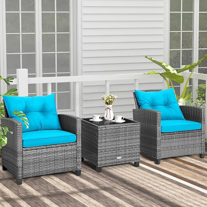 COSTWAY 3-Piece Patio Furniture Set, Outdoor Wicker Rattan Sofa with Cushions, Coffee Table with Tempered Glass, Conversation Sofa Set for Poolside Backyard Balcony (Turquoise)
