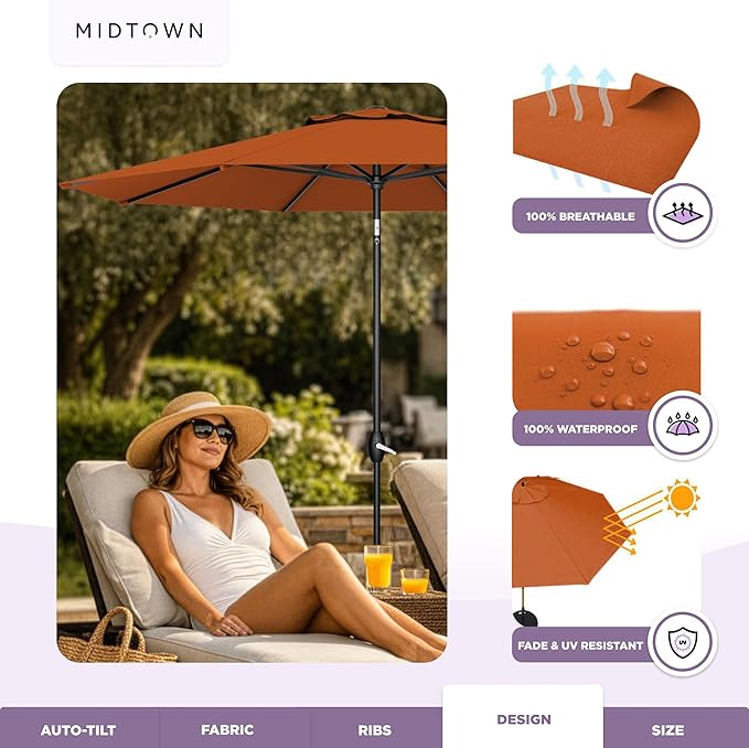 Midtown Umbrellas - The Lean 8 Ft Patio Umbrella with Fade-Resistant Sunbrella Fabric, Auto-Tilt Aluminum Frame and 8 Reinforced Ribs for Deck, Pool & Garden - Terracotta Canopy, Black Pole