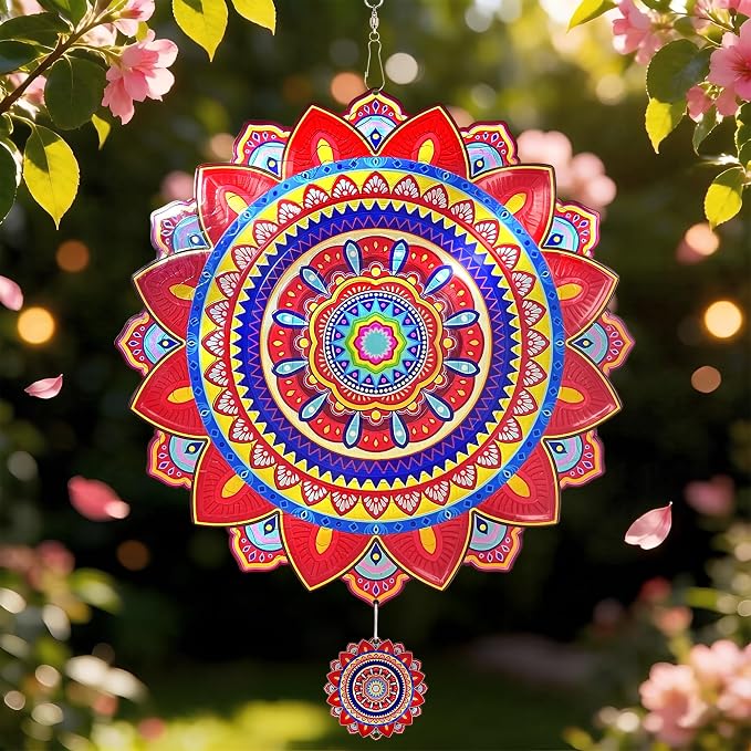 Mandala Wind Spinner, 12 Inch Stainless Steel Wind Spinners Outdoor, 3D Kinetic Laser Cut Hanging Sculpture, Metal Yard Art Decoration, Indoor/Outdoor Decor Gifts for Women, Men, Holidays