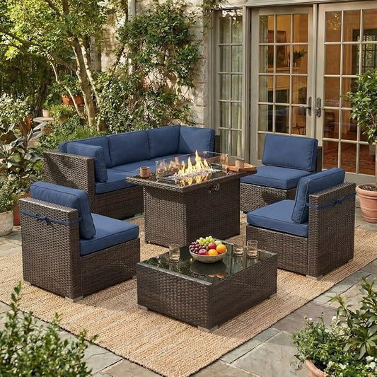 LayinSun 8 Pieces Outdoor Patio Furniture Set with 44" Fire Pit Table Brown Rattan Sectional Sofa Conversation Sets