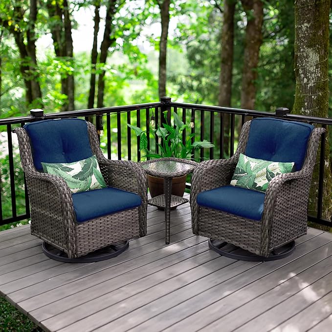 Outdoor 360 Degree Swivel Rocker Patio Chairs Sets of 2 and Matching Side Table - 3 Piece Patio Wicker Glider Chairs with Olefin Cushions(Mixed Grey/Blue)