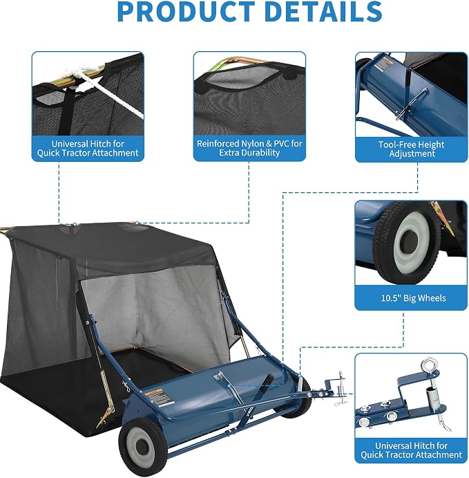 50" Tow Behind Lawn Sweeper, 33 cu. ft Extra-Large Capacity Leaf & Grass Collector-Adjustable Sweeping Height, Dumping Rope Design for Efficient Debris & Grass Cleanup on Yards, Driveways & Sidewalks