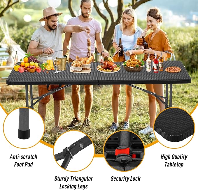 Dkeli Folding Table | 6 ft Folding Picnic Table Portable | Heavy Duty Dining Table | Fold in Half with Handle and Sturdy Steel Frame for Outdoor Indoor Camping, Picnic and Party,Black