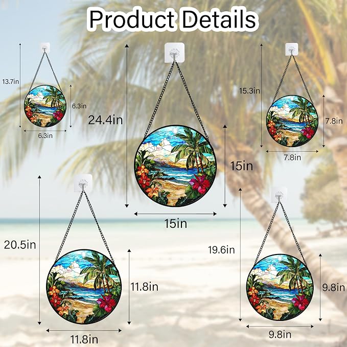 DASTOLL Stained Glass Window Hanging, Blue Beach Scenery Suncatcher Diamond Glass Panel Hangings Sun Catchers Decor for Birthday for Women, Men, Wife, Aunt, and Mom 11.8x11.8 in