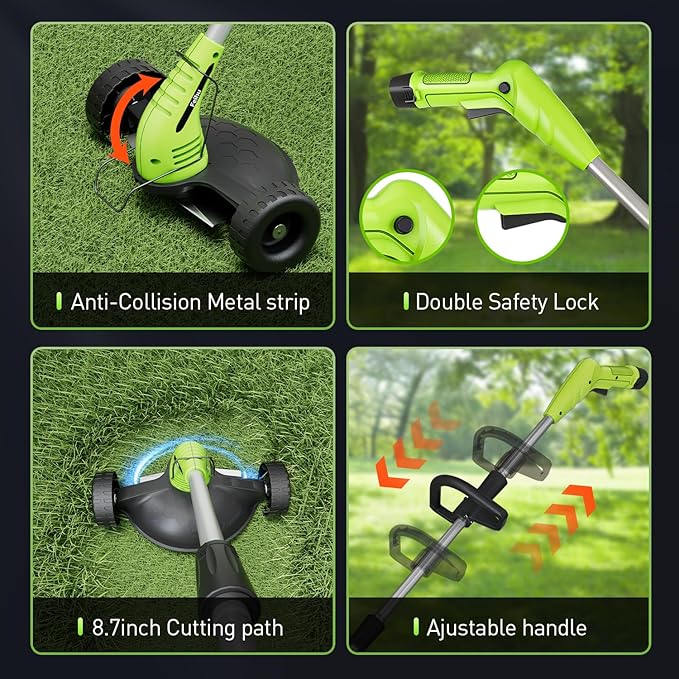 Electric Weed Wacker: Cordless Weed Trimmer with 2 * 2.0Ah Li-Ion Battery Powered & 4 Cutting Blade Types, Wheel Trimmer Lightweight Ajustable Pole &Back-Friendly Compact Power Tool for Lawn Yard Work