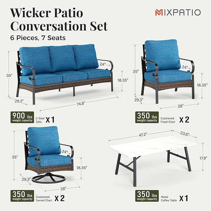 Patio Furniture Set with Coffee Table, Outdoor Conversation Set with 2 x Fixed Chairs, 2 x Swivel Chairs, 1 x 3-Seat Sofa for Lawn Garden Backyard, Pacific Blue