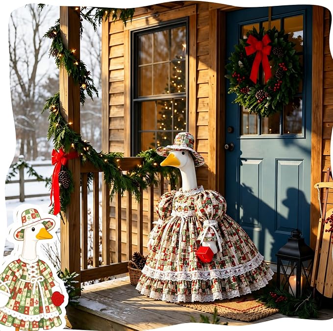 Suzile Christmas Porch Goose Outfit Xmas Present Goose Clothes for 23" High Cement or Plastic Geese Costume for Yard Lawn Outdoor Garden Patio Statue Xmas Duck Dresses Holiday Decor