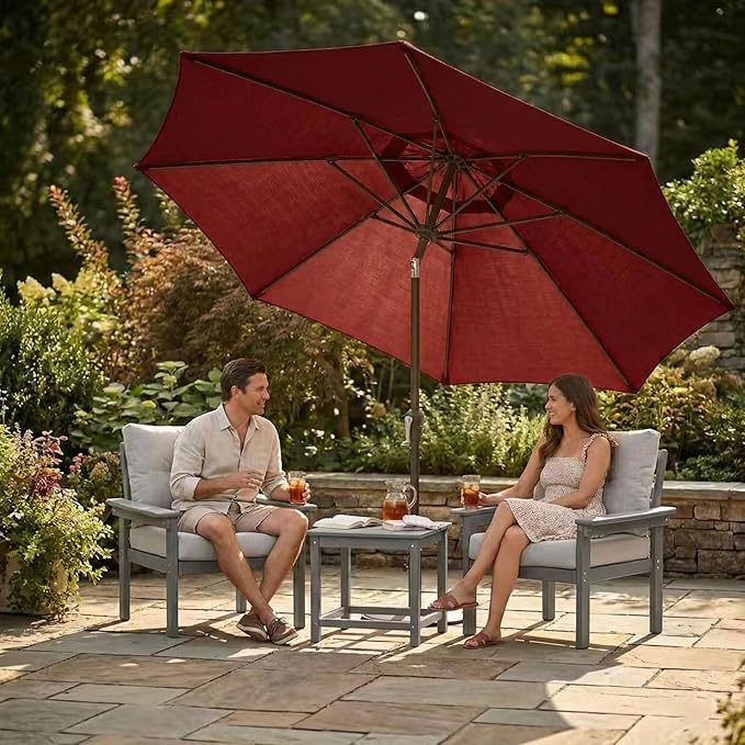 Kingdura 10FT Outdoor Patio Umbrella, Market Table Umbrella with Push Button Tilt and Crank, 8 Sturdy Fiberglass Ribs, UV Protection for Pool, Lawn, Deck, Backyard, Garden (Dark red)