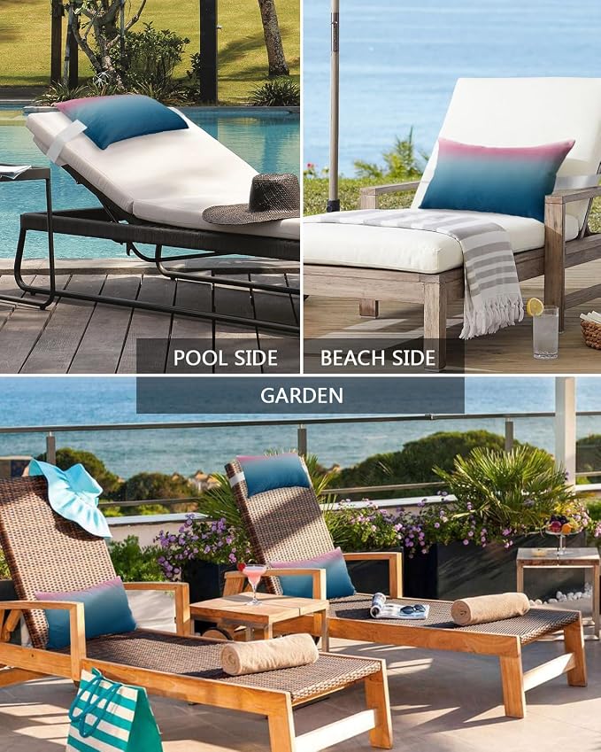 Outdoor Pillows Covers with Inserts Pink Blue Ombre Stripe Line Gradient Waterproof Recliner Pillow with Adjustable Strap Throw Pillows for Patio Furniture Pool Lounge Chair, 12x20 Inch, 1PCS