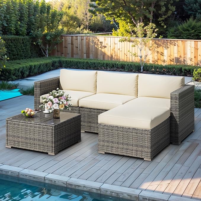 Fansafun Outdoor Patio Furniture Set, 5 Piece Patio Conversation Set, Waterproof Wicker Patio Furniture Set, All Weather Combination Patio Conversation Sets with Cushions and Glass Table, Beige