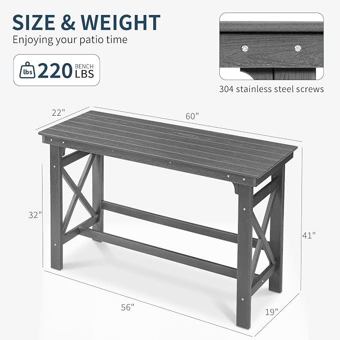 60" HDPE Outdoor Bar Table, Rectangle Patio Bar Height Counter Table, All-Weather Adirondack Outdoor Pub Table, Waterproof Patio Bar Table for Outside, Garden, Backyard, Deck, Grey