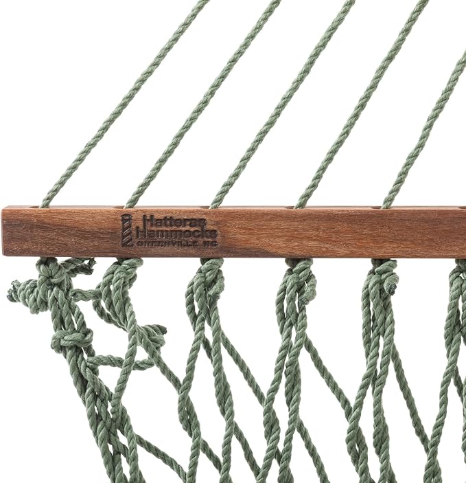 Hatteras Hammocks Large Meadow DuraCord Rope Hammock – 13 ft. x 55 in., 2-Person, 450 lb Capacity, Cumaru Spreader Bar, Zinc-Plated Hardware – Handcrafted in The USA
