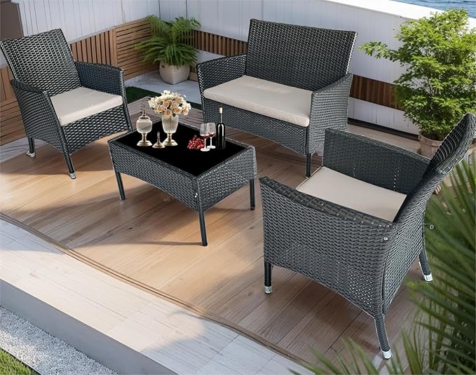 PatLoom 4-Piece Outdoor Furniture Set,Dark Brown Rattan Wicker Patio Sofa,Elegant Patio Conversation Set with Glass Top Coffee Table for Garden, Backyard, Poolside, Balcony (Beige Cushions)