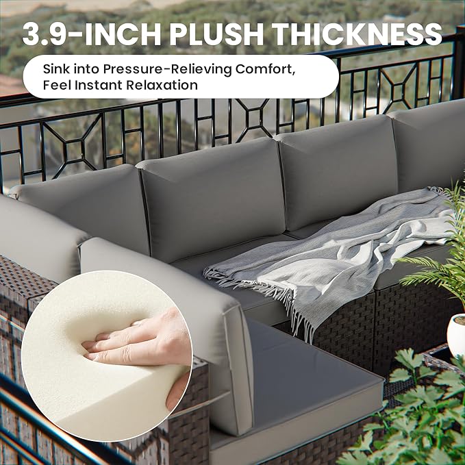 13 Pieces Outdoor Patio Furniture Set,Outdoor Sectional Furniture with 43" 55000 BTU Gas Propane Fire Pit Table,PE Rattan Wicker Patio Conversation Set with 10 Thickened Cushions,Grey