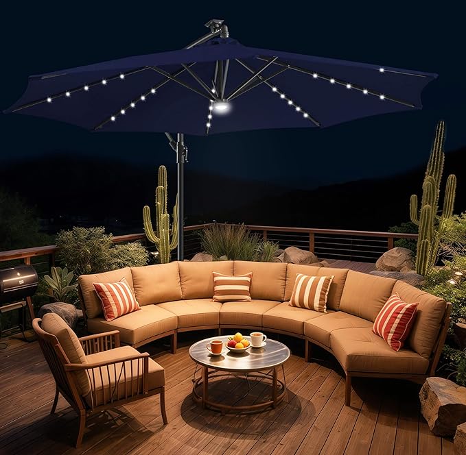 FLAME&SHADE 10ft Solar Cantilever Umbrella with 40 LED Lights, Lighted Large Offset Outdoor Patio Umbrellas, 8 Sturdy Ribs, UPF50+ UV Protection for Pool Deck Garden Yard, Navy Blue