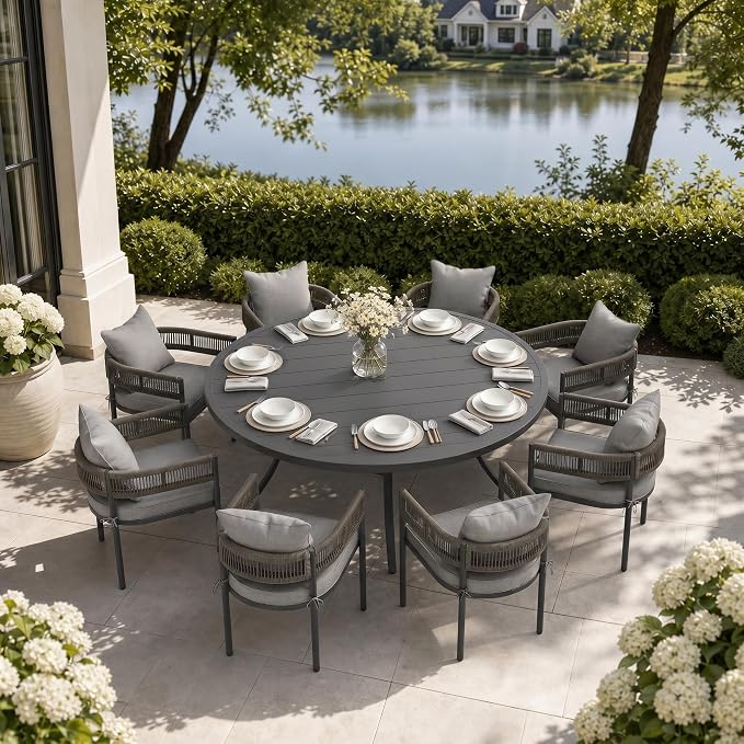 VICLLAX Patio Dining Set, 63" Black Table & 6 Chairs with Grey Cushion | Outdoor Table and Chairs Set of Round Metal Patio Table, Outdoor Dining Chairs with Metal Frame, Garden Deck Porch
