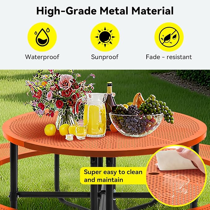 46" Round Metal Picnic Table with Umbrella Hole, Heavy Duty Outdoor Dining Set with Open Air Mesh Top, Stainless Steel Portable Table for Backyard, Patio, Garden - Orange (Orange-Round)