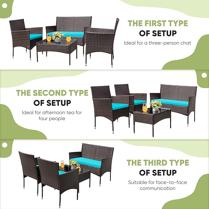 Greesum Patio Furniture 4 Pieces Conversation Sets Outdoor Wicker Rattan Chairs Garden Backyard Balcony Porch Poolside loveseat with Cushion and Glass Table, Brown and Blue