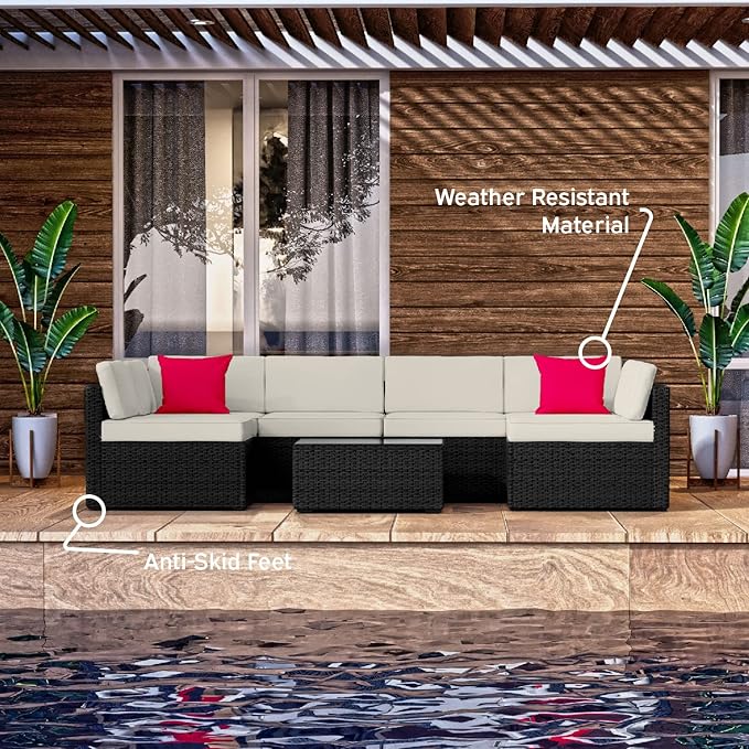 Nestl Patio Furniture Set 7 Piece Outdoor Conversation Set with Black Wicker Sectional and Off White Cushions