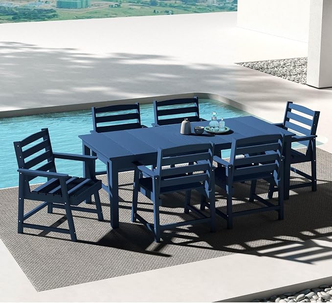 7-Piece Outdoor Dining Set for 6, 75.2" HDPE Patio Table with Umbrella Hole & 6 Chairs, Weather-Resistant Wood-Look Patio Furniture for Garden, Lawn, Deck, or Poolside (Navy Blue)