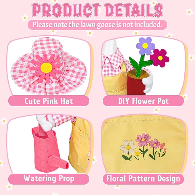 Gardener Porch Goose Outfit Pink, Spring Goose Outfit Lawn Gooses Clothes Geese Costume for 23" Cement Plastic Geese Statue for Garden Yard Decoration