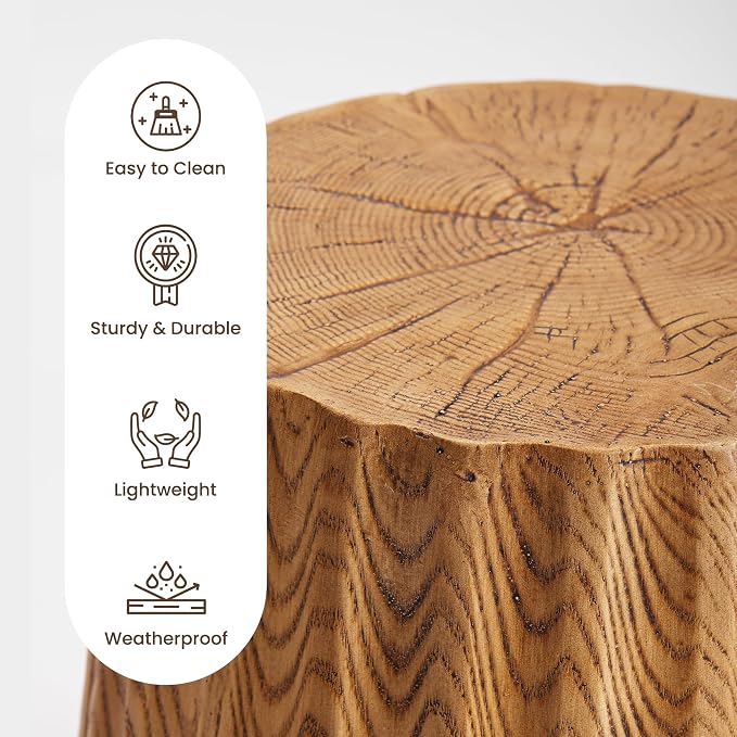 HOMPUS Outdoor Side Table Round, Concrete Lightweight MgO End Table Faux Wooden, Patio Accent Coffee Table Garden Tool for Patio, Porch and Deck, Light Oak