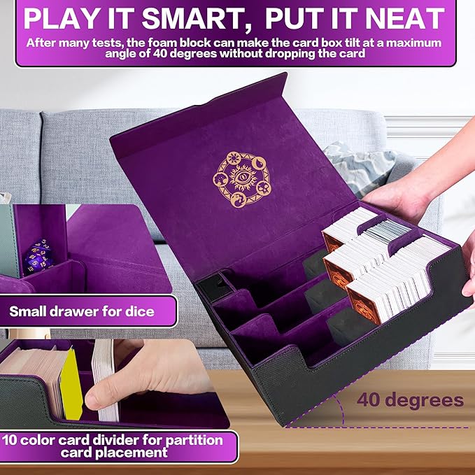 PROMAXIBINDER Trading Card Storage Box for MTG/TCG/YuGiOh, Commander Deck Case Fits 2000+ Cards, 10 Dividers, Dice Set, 3 Foam Stoppers, PU Leather, Magnetic Closure, Magic, Sports Cards (Purple)
