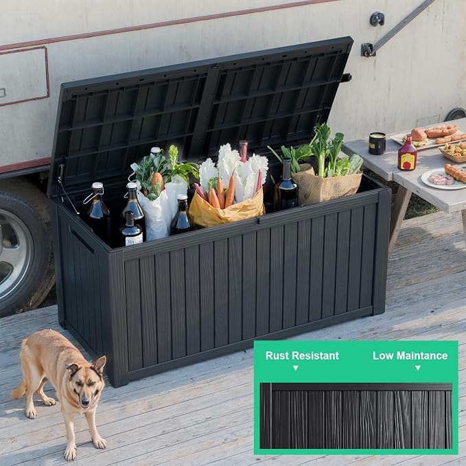 200 Gallon Outdoor Deck Box, Lockable Waterproof Outdoor Storage Boxes For Garden Tools,Indoor Cushions,Accessories Outside Storage Resin Weatherproof Container(Black)