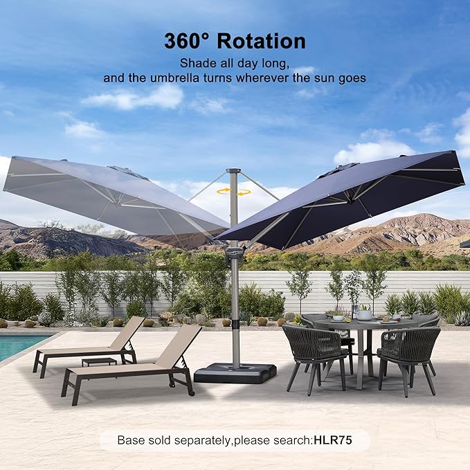 PURPLE LEAF 9’ X 9‘ Patio Umbrella Outdoor Cantilever Umbrella, Aluminum Offset Umbrella with Champagne Frame and 360° Rotation for Pool Deck Garden, Navy Blue