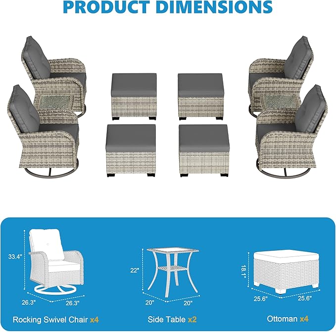 8-Piece Small Patio Furniture Set, Outdoor Swivel Rocking Chairs Set with Ottomans, Patio Bistro Set for Balcony, Deck, Porch, Grey