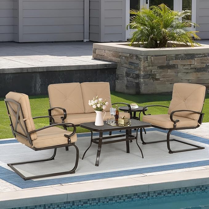 Oakcloud 5Pcs Metal Outdoor Furniture Patio Conversation Set (Loveseat, Coffee Table and Bistro Table, 2 Spring Chair) -Wrought Iron Patio Chair Set with Cushions (Brown)