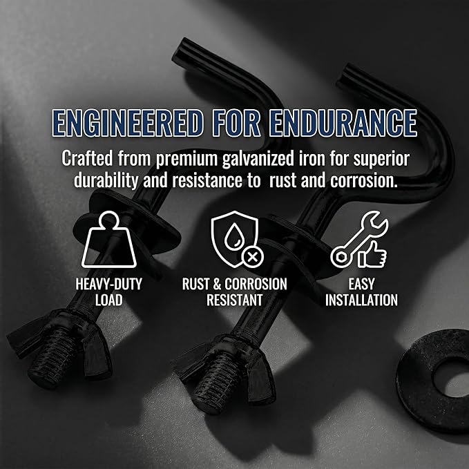 2 Pack Heavy Duty Hammock Hooks, Galvanized Metal Replacement Hardware for Hammock Stand, Fits 1-1/4 to 2 Inch Poles, 3/8 Inch Diameter S-Hooks for Indoor Outdoor Patio Swing & Chair（Black）