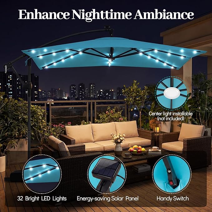 Tangkula 8x8 FT Solar Patio Umbrella with Base Included, Square Offset Cantilever Outdoor Umbrella with 360 Degree Rotation, 32 LED Lights, Crank Handle, 2 Sandbags, 8 Ribs, Air Vent for Pool Deck Garden Backyard