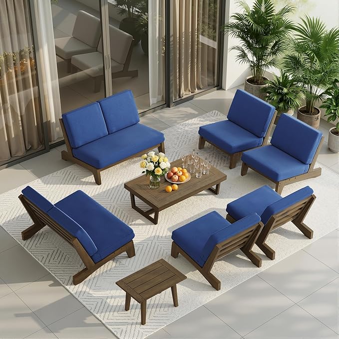 UIXE 8 Pieces All Weather Wood Patio Furniture Sets, 2 Patio Loveseat, 4 Patio Bistro Chair, Outdoor Sectional Sofa Furniture Backyard Conversation Set with Coffee Table - Navy