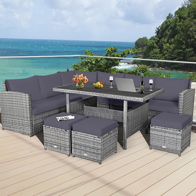 HAPPYGRILL 7 Pieces Rattan Wicker Patio Conversation Set, Outdoor Patio Furniture Set with Cushions, Rattan Sofa Set with Dining Table & Ottomans for Poolside Backyard Balcony Garden (Grey)