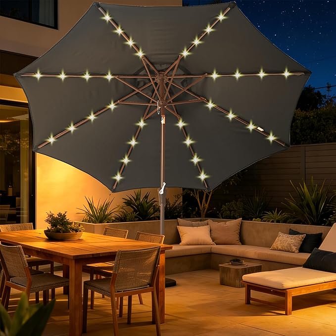 9FT Solar-Powered LED Patio Umbrella with Tilt Crank,Outdoor Market Umbrella with 32 Lights,Sunshade for Deck, Garden and Pool