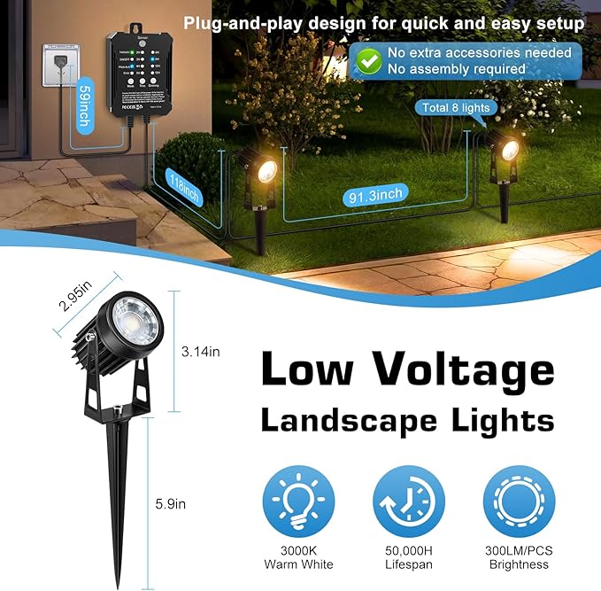All-in-One Low Voltage Landscape Lighting Kit, 8-Pack Landscape Lights with Transformer, 3000K Waterproof Outdoor Lights with 75FT Wire for Yard, Garden