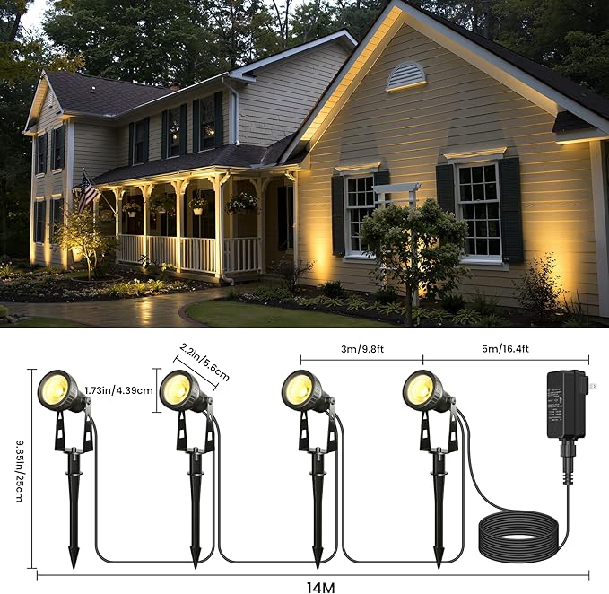 Zuske Outdoor Landscape Lighting, 4-Pack Outdoor Spot Lights with Transformer, Plug in LED Spot Lights for Garden, Yard, Backyard, Plants, Lawn, Trees, House, Flags, IP65 Waterproof – Warm White